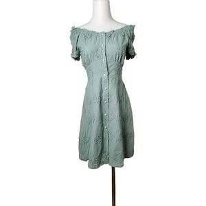☘️ A sage green, off-the-shoulder dress with a fitted bodice and a flared skirt.
